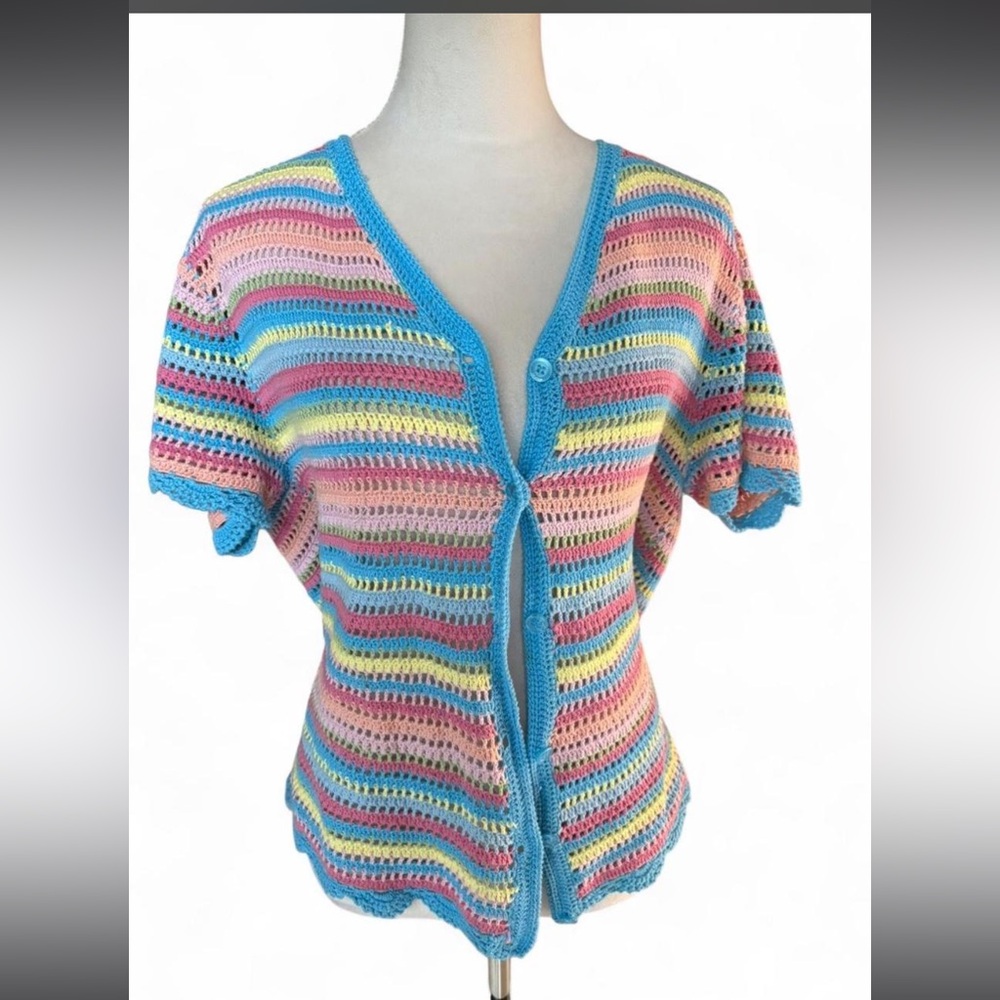 Koret Pastel Striped Crochet Short-Sleeve Sweater Cardigan - Blue Trim